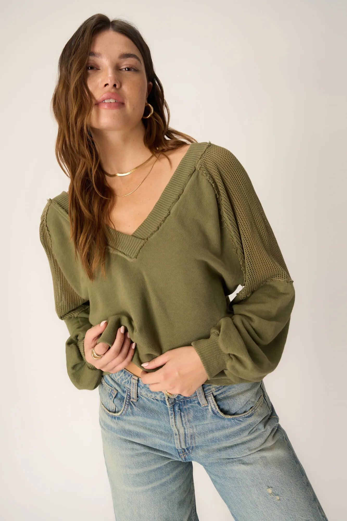 Harley Seamed V-Neck Pullover - Sea Kelp