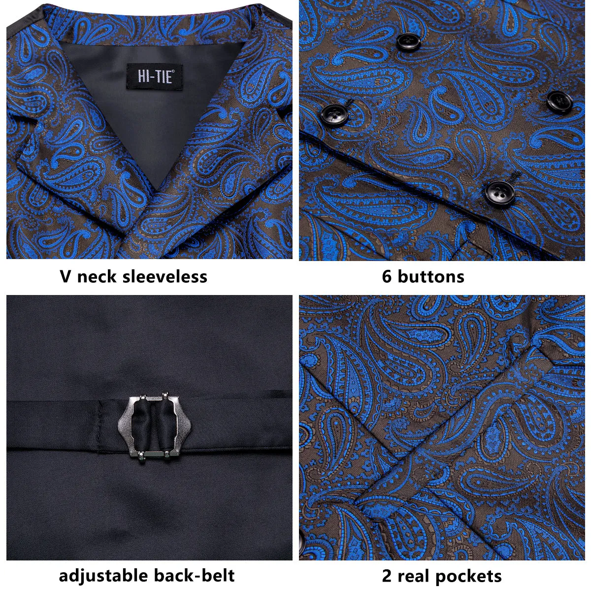 Hi-Tie Black Blue Paisley Men's Collar Vest Hanky Cufflinks Tie Set