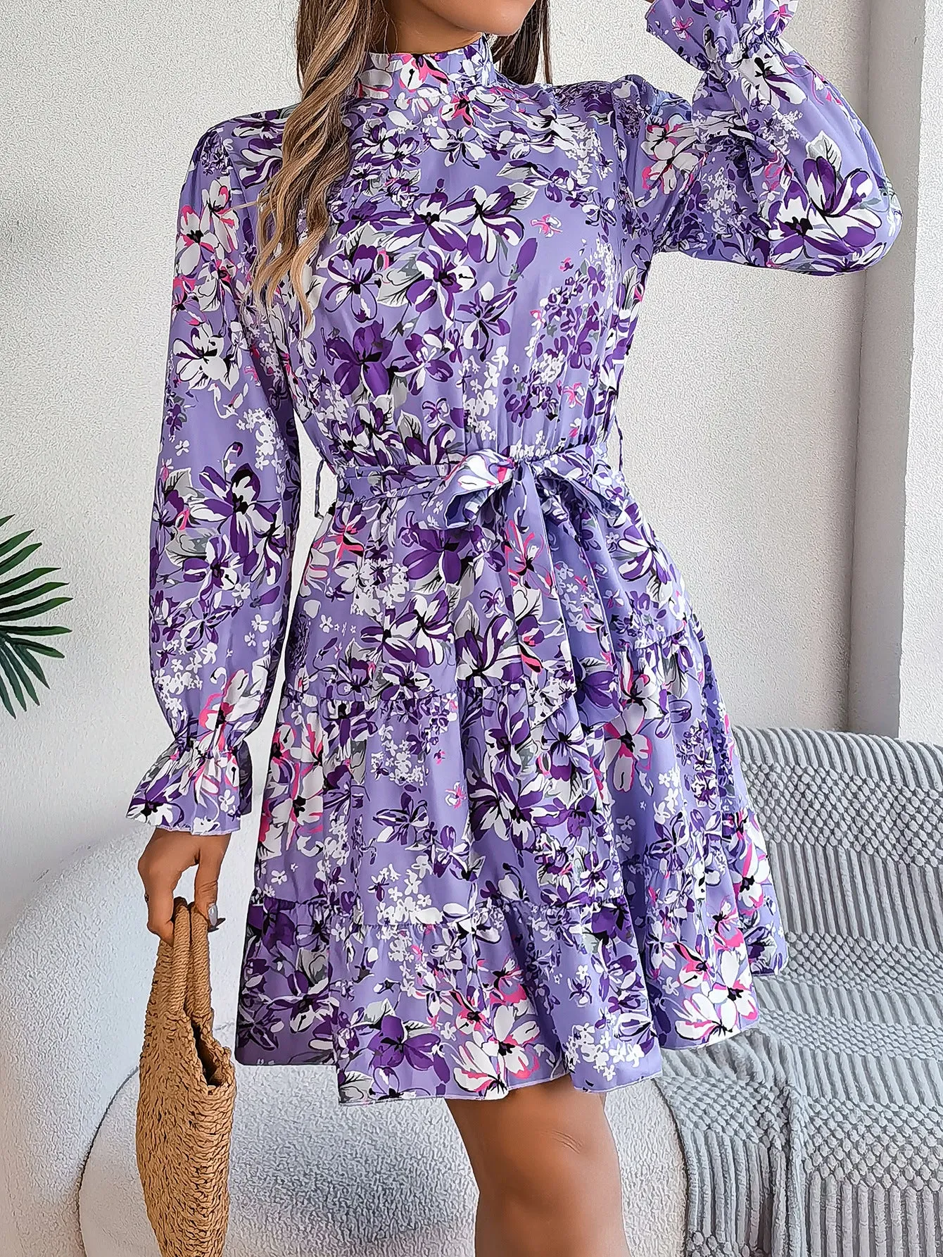 High Neck Floral Cinched Waist Long Sleeve Ruffle A-Line Midi Dress