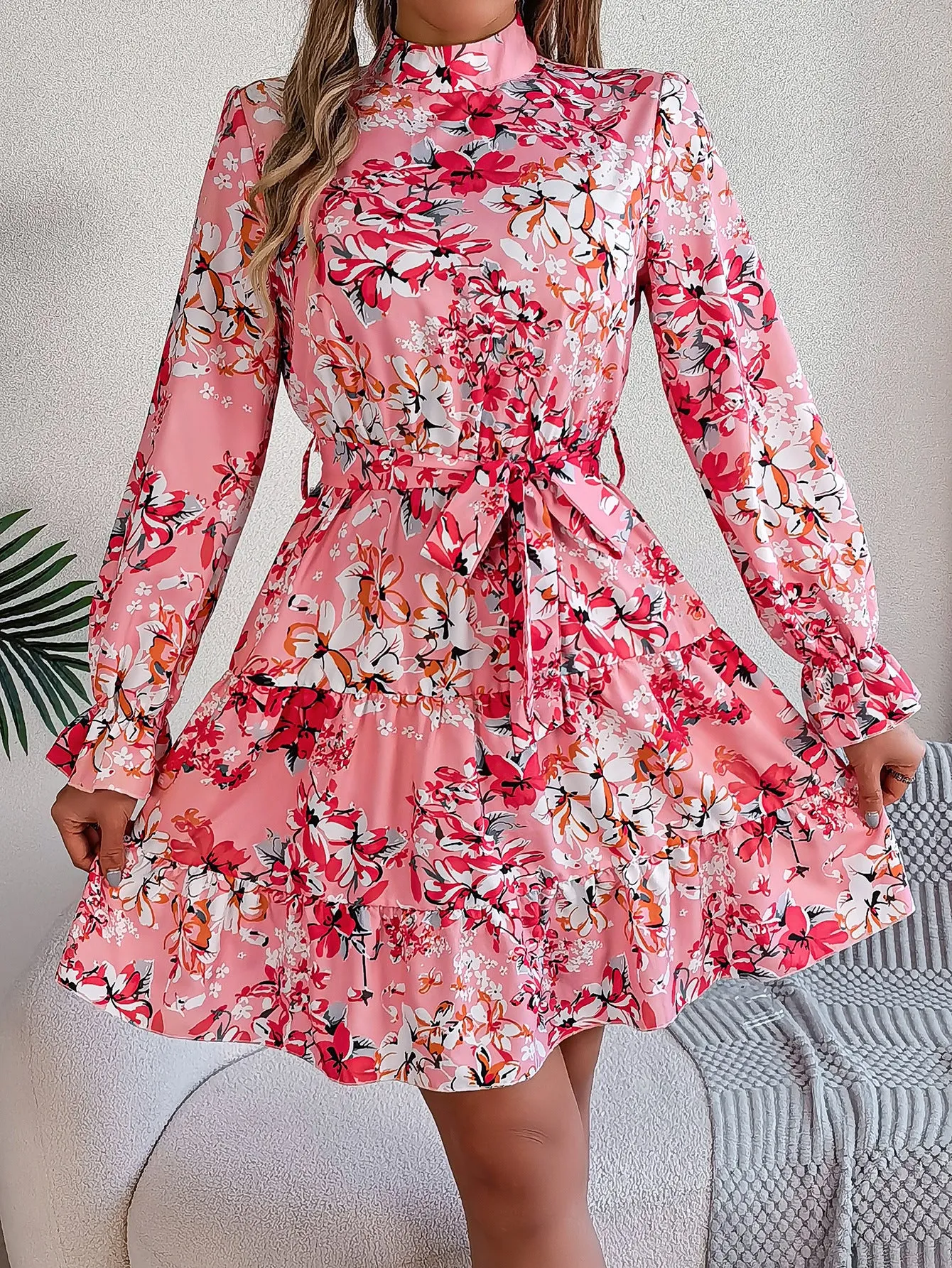 High Neck Floral Cinched Waist Long Sleeve Ruffle A-Line Midi Dress