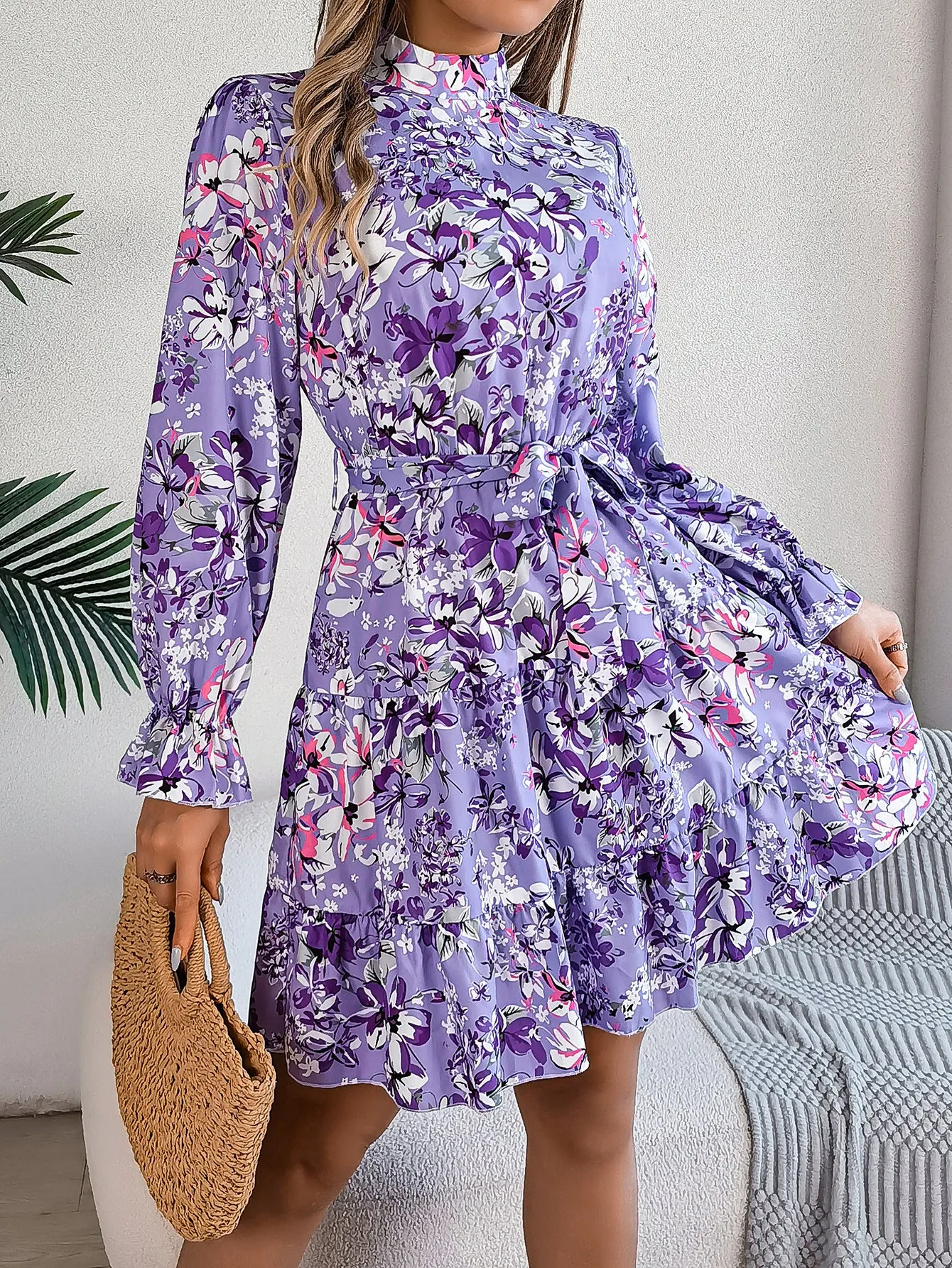 High Neck Floral Cinched Waist Long Sleeve Ruffle A-Line Midi Dress