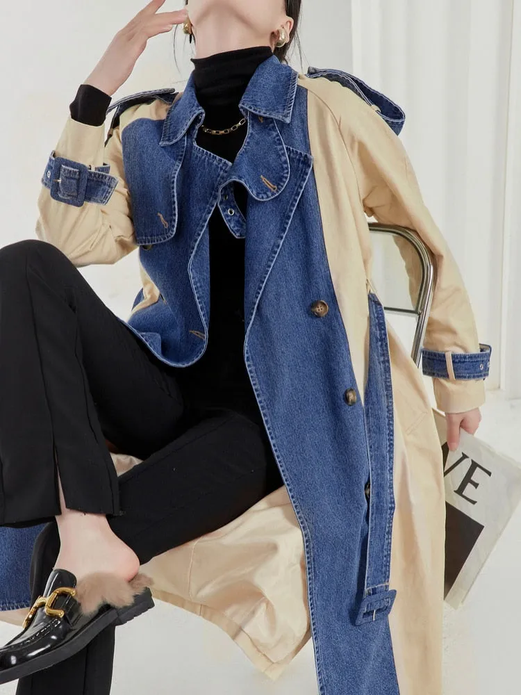 Hit Color Trenches For Women Lapel Long Sleeve Patchwork Denim Double Breasted Casual Loose Trenches Female Autumn