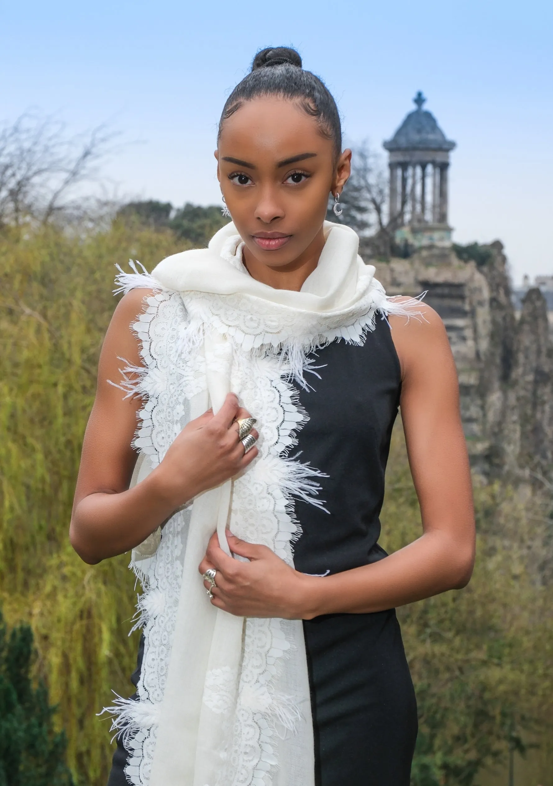 Ivory Cashmere Scarf with an Ivory Chantilly Lace Border & Ivory Ostrich Feathers