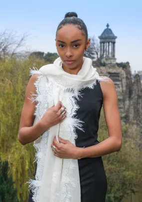 Ivory Cashmere Scarf with an Ivory Chantilly Lace Border & Ivory Ostrich Feathers