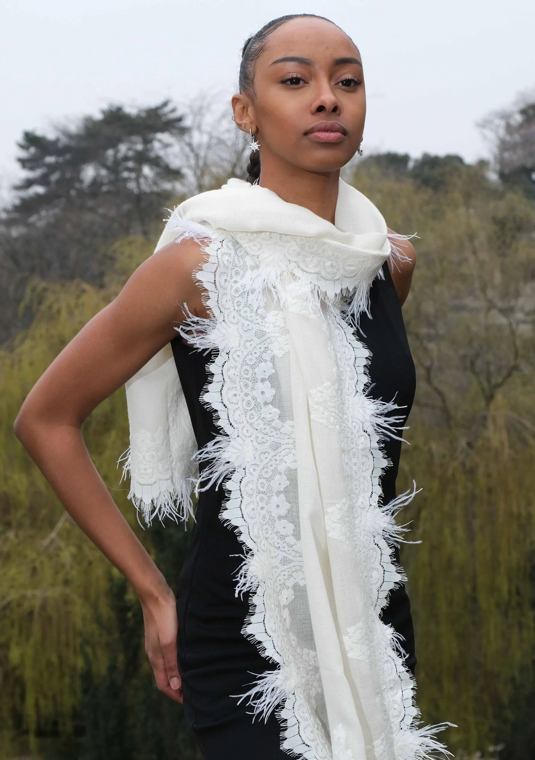 Ivory Cashmere Scarf with an Ivory Chantilly Lace Border & Ivory Ostrich Feathers