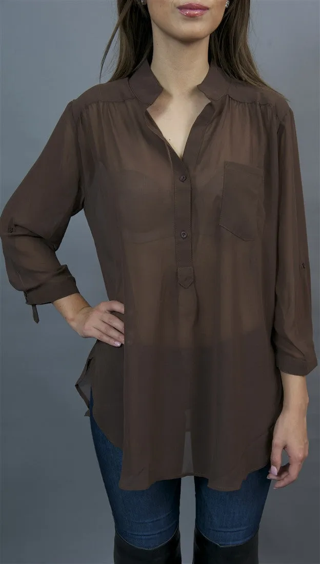 Jessyka Robyn Sheer Buttondown Tunic in Brown