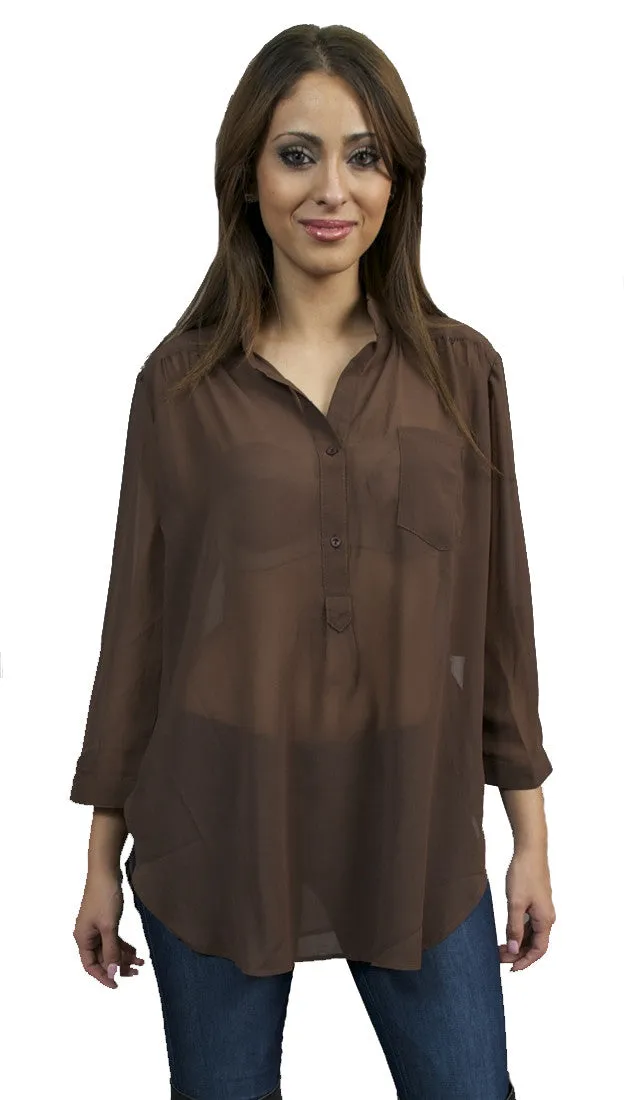 Jessyka Robyn Sheer Buttondown Tunic in Brown