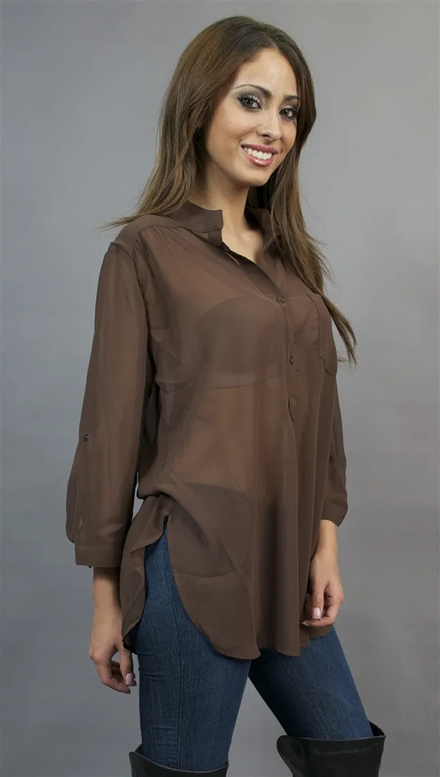 Jessyka Robyn Sheer Buttondown Tunic in Brown