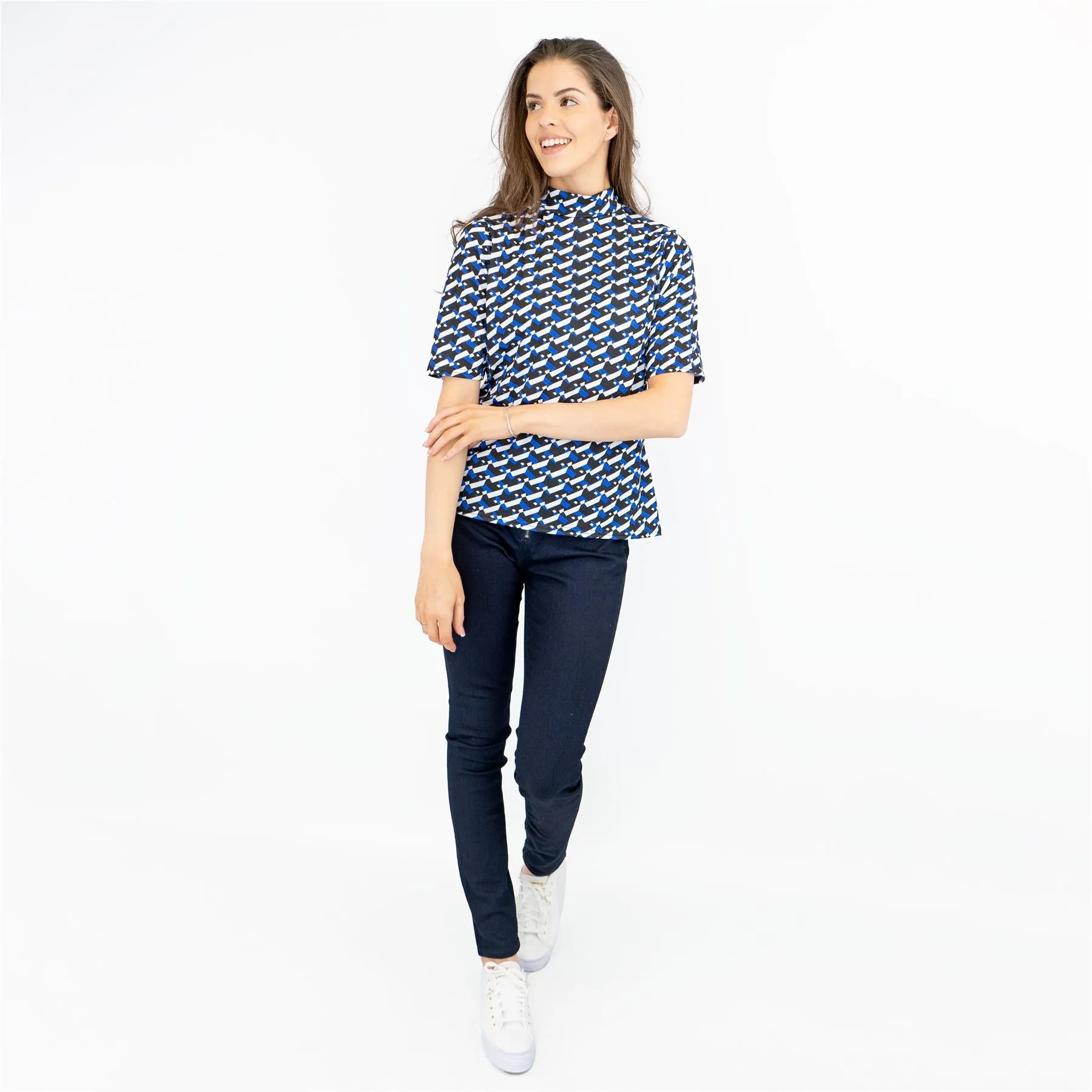 Karen Millen Blue Geometric Print High Neck Short Sleeve Tops