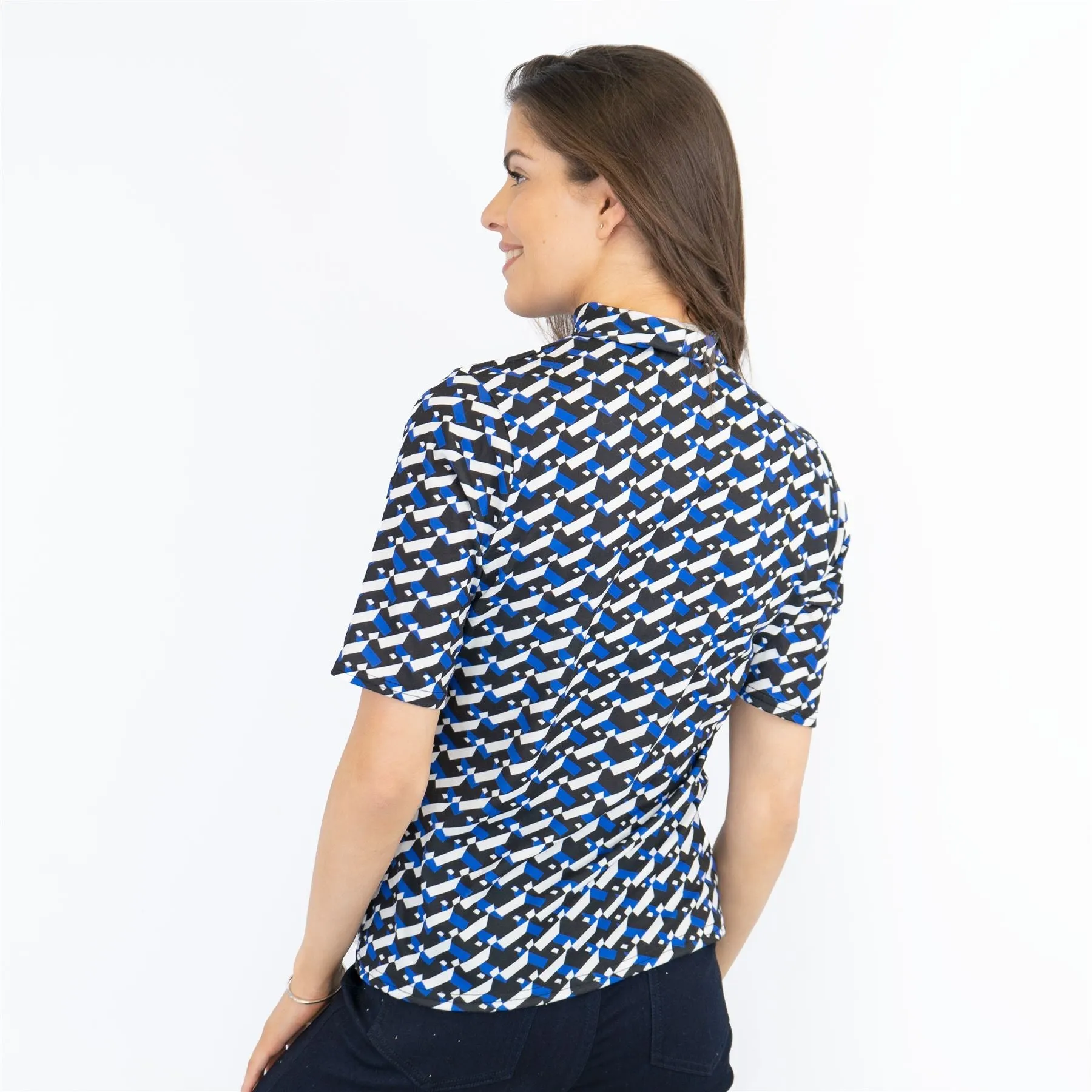 Karen Millen Blue Geometric Print High Neck Short Sleeve Tops