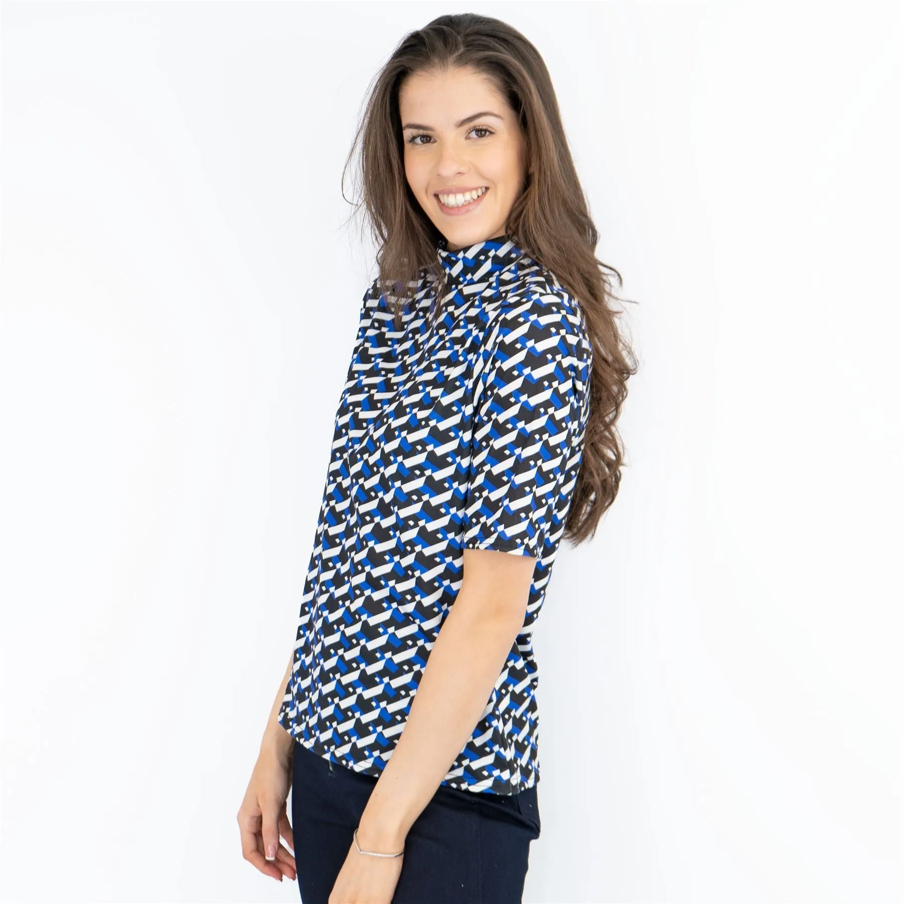 Karen Millen Blue Geometric Print High Neck Short Sleeve Tops