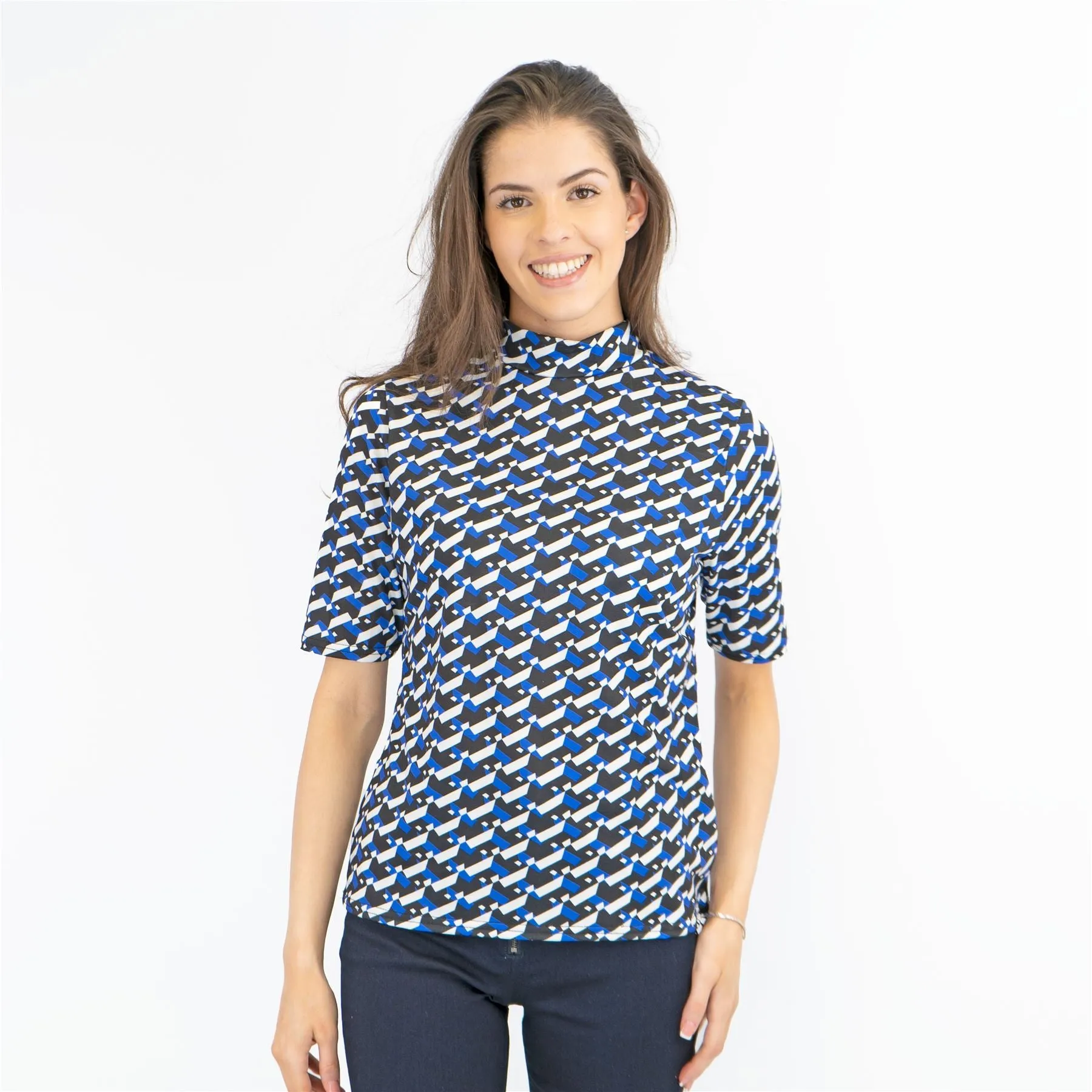 Karen Millen Blue Geometric Print High Neck Short Sleeve Tops