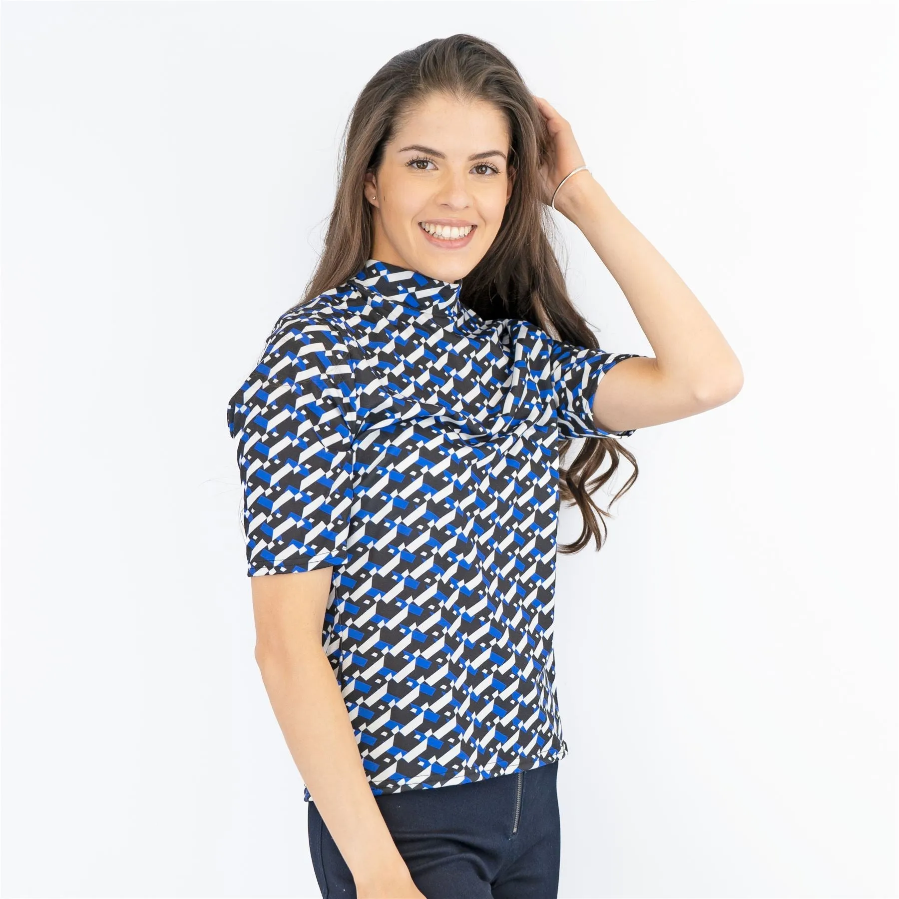 Karen Millen Blue Geometric Print High Neck Short Sleeve Tops