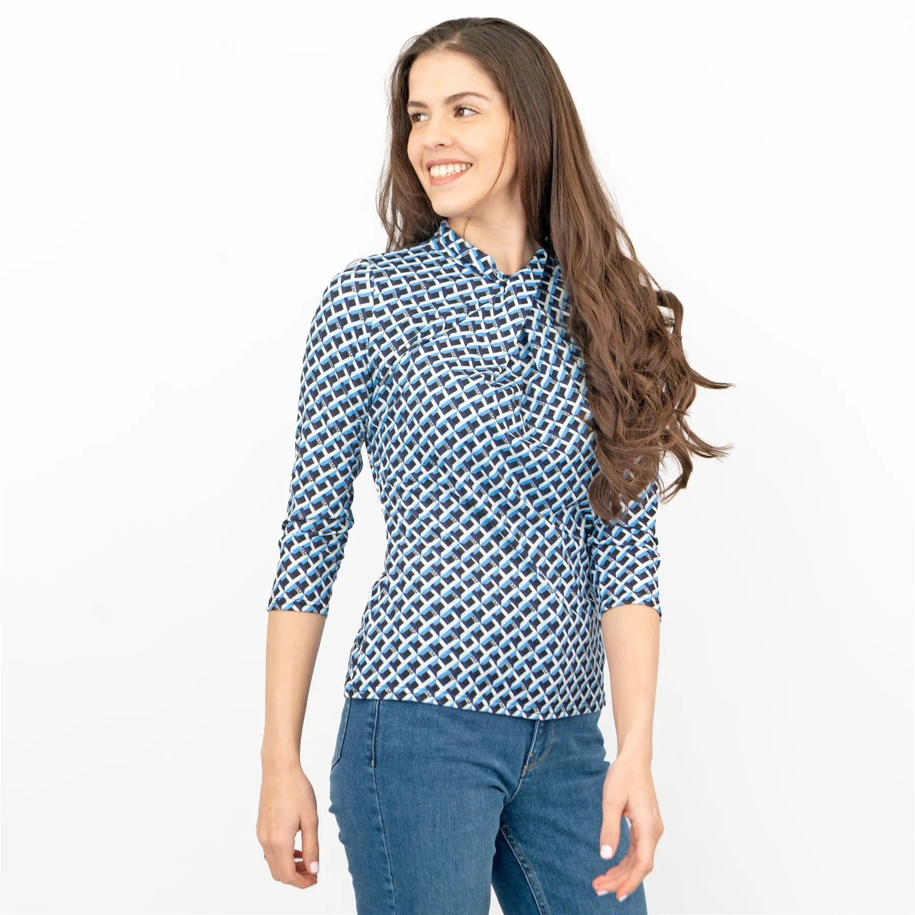 Karen Millen Blue Geometric Print KM Logo Short Sleeve Tops