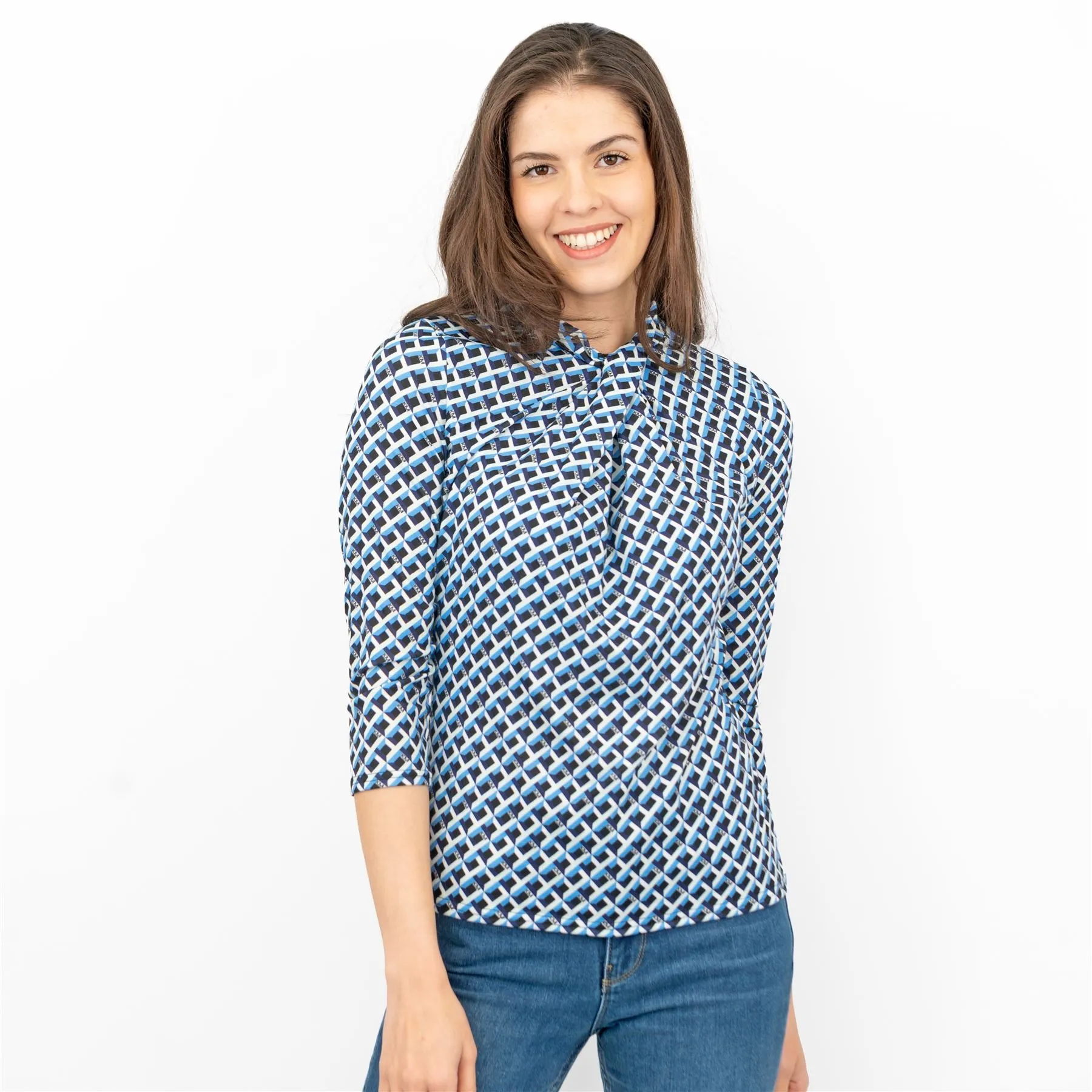 Karen Millen Blue Geometric Print KM Logo Short Sleeve Tops