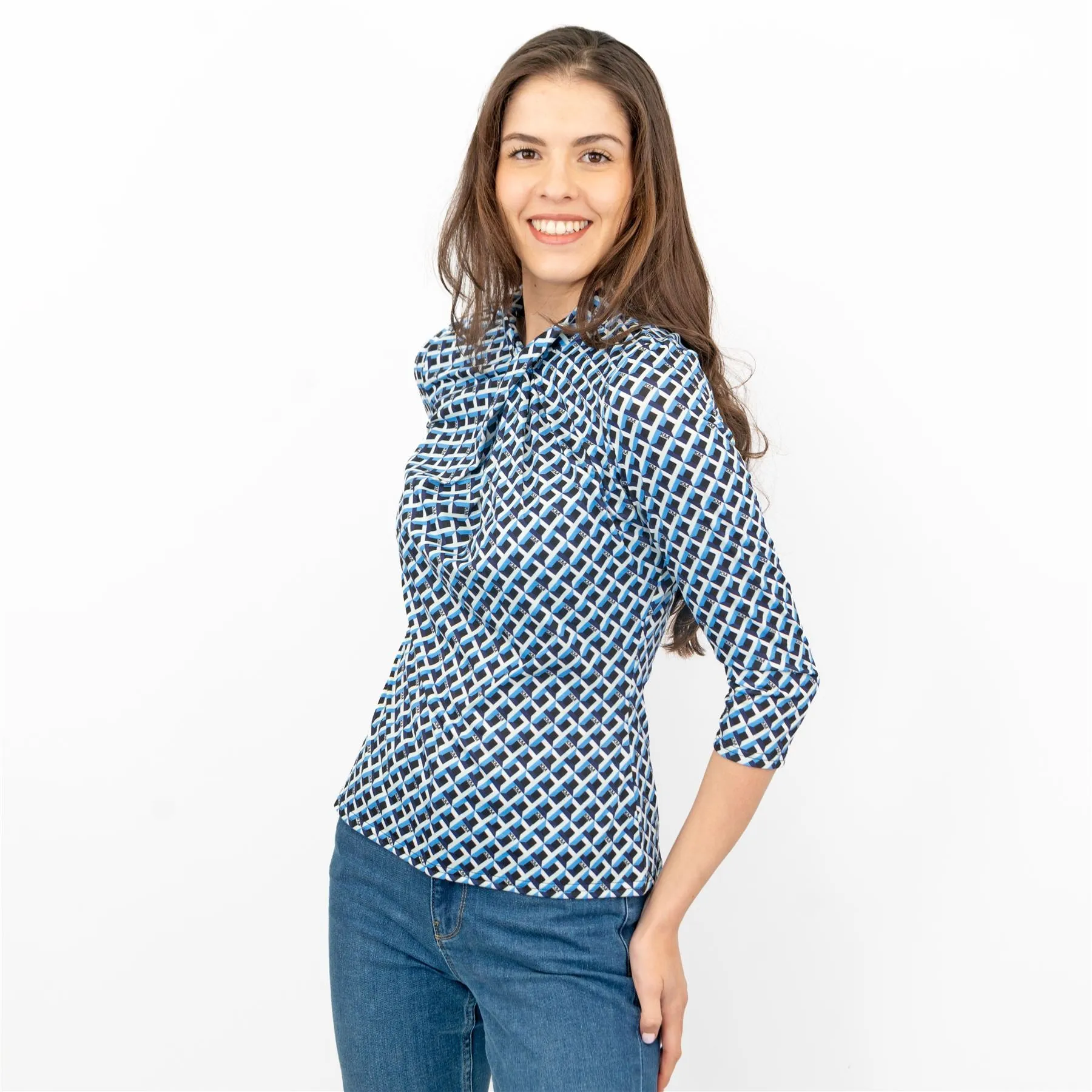 Karen Millen Blue Geometric Print KM Logo Short Sleeve Tops