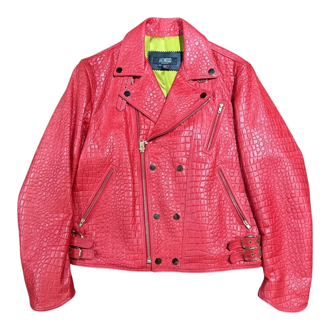 Kashani Men's Red Embossed  Alligator Biker Jacket