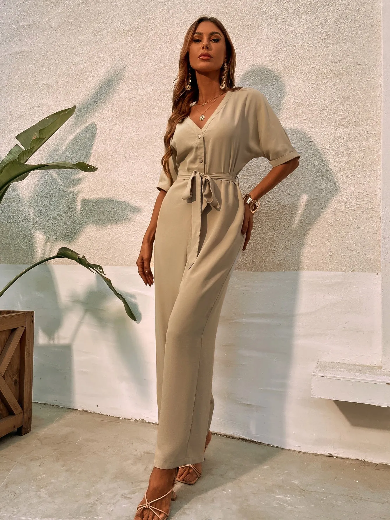 Khakhi V-Neck Button Front Batwing Sleeve Belted High Waist Jumpsuit