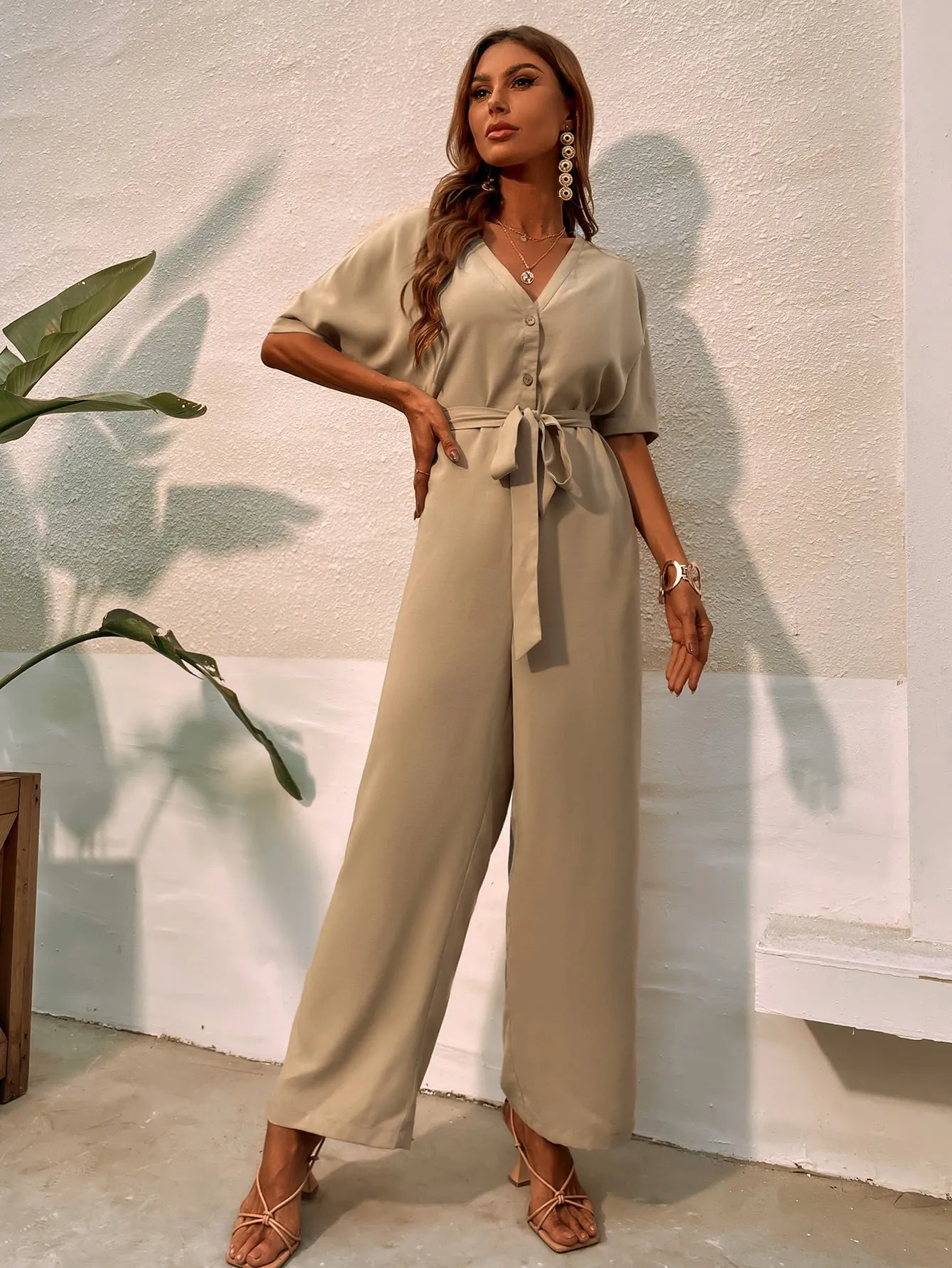 Khakhi V-Neck Button Front Batwing Sleeve Belted High Waist Jumpsuit