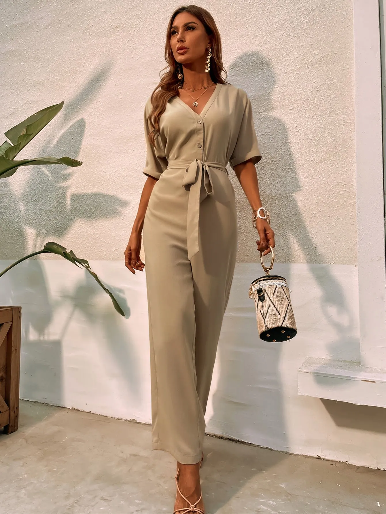 Khakhi V-Neck Button Front Batwing Sleeve Belted High Waist Jumpsuit