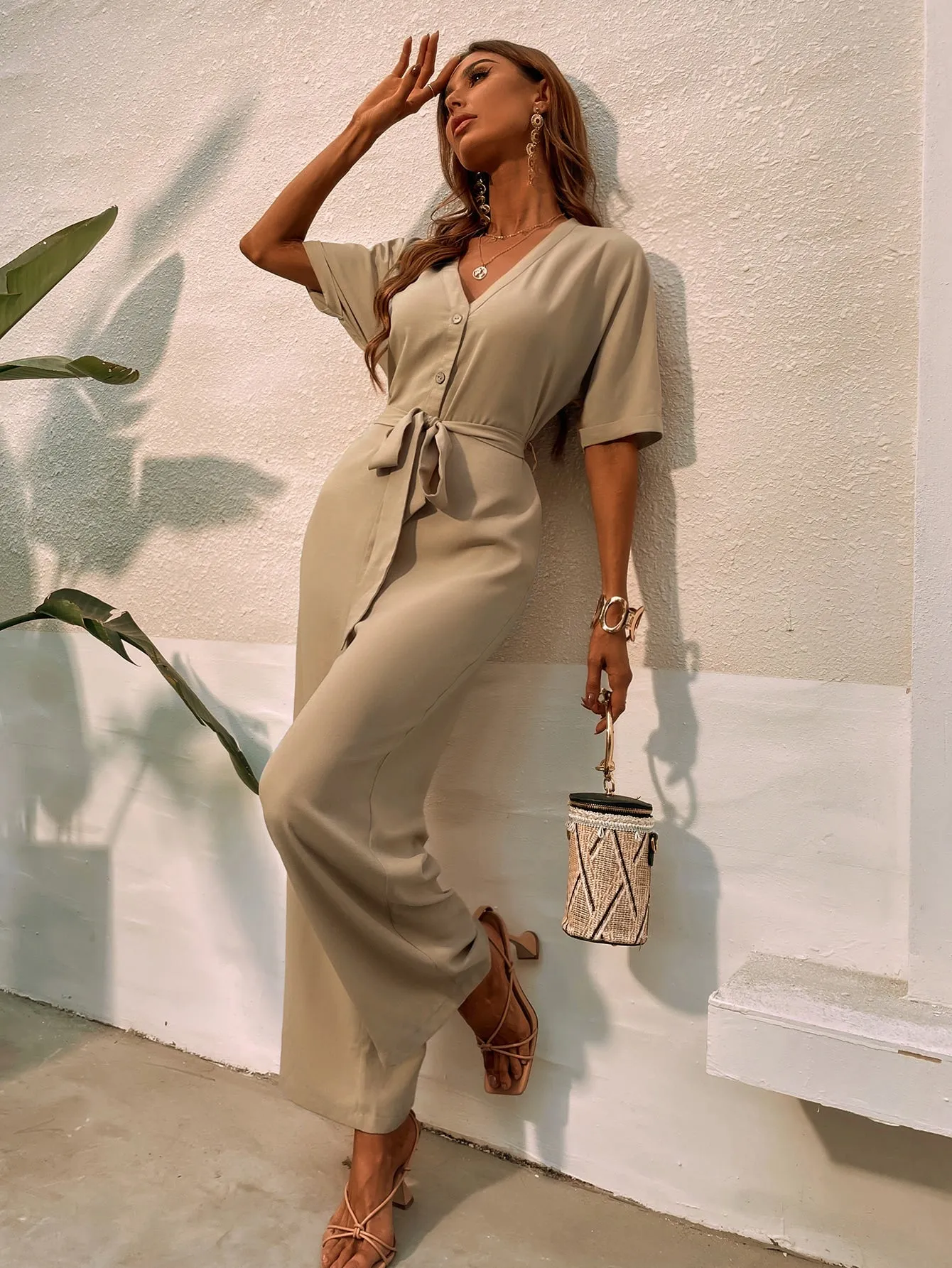 Khakhi V-Neck Button Front Batwing Sleeve Belted High Waist Jumpsuit