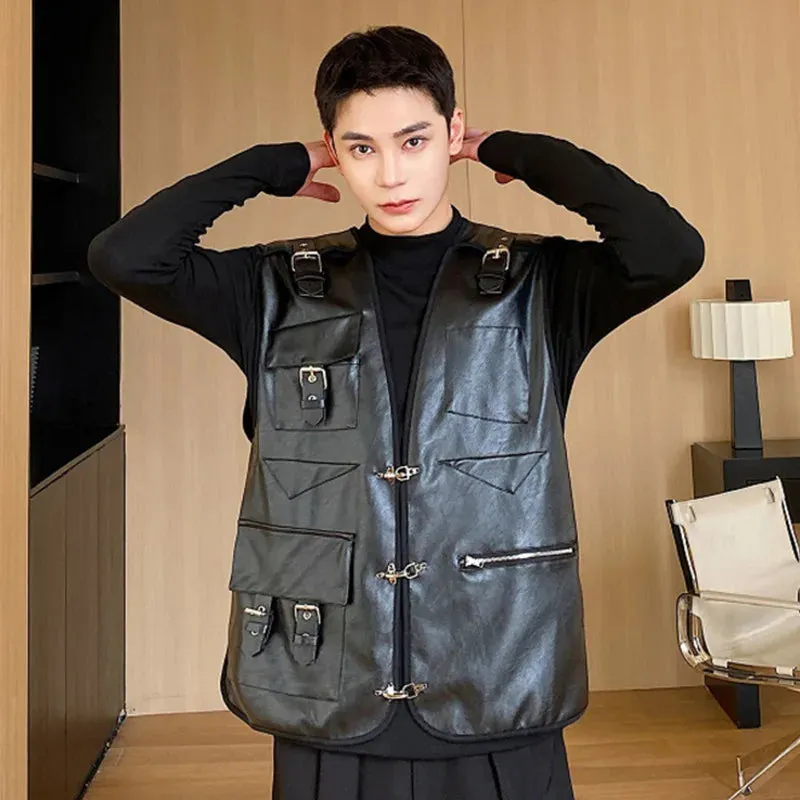 Korean Fashion Male Tops Spring PU Vest Male Buckle Design Stupid Darkwear Solid Color Pocket Sleeveless 9C5087