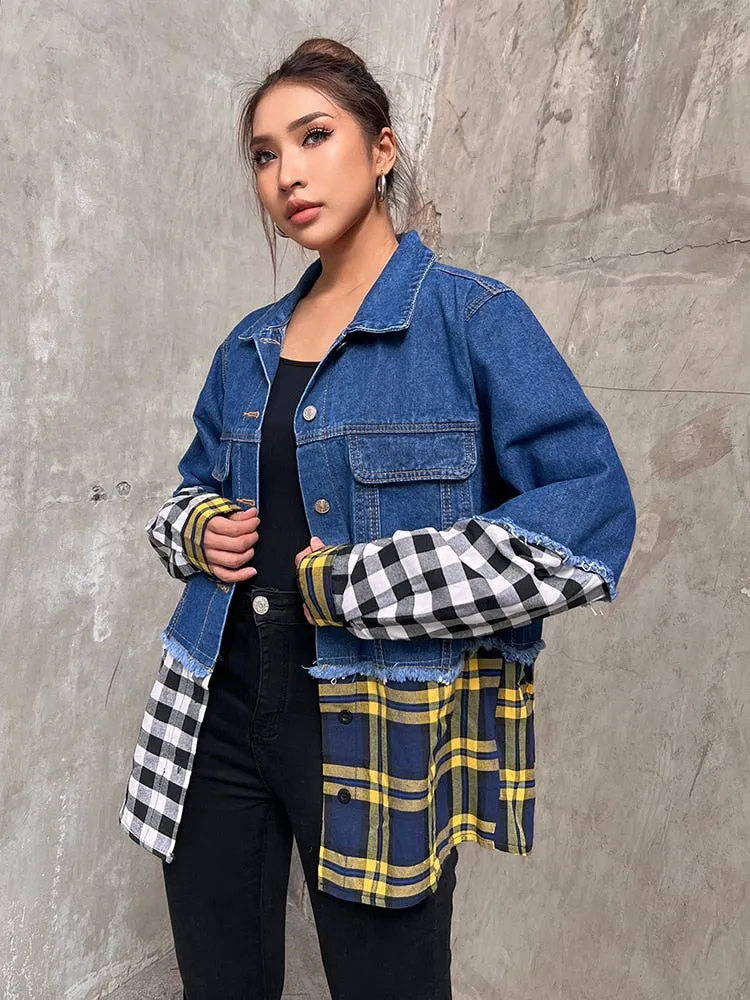 Korean Single Breasted Jacket For Women Lapel Long Sleeve Patchwork Plaid Jackets Female Clothing Autumn Style