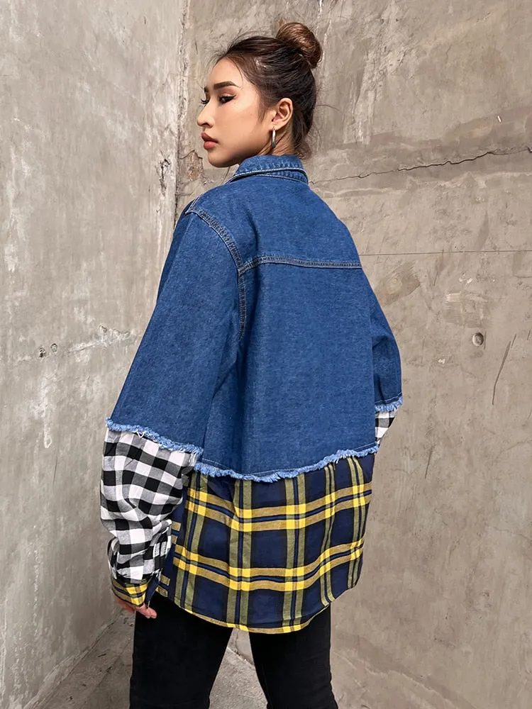 Korean Single Breasted Jacket For Women Lapel Long Sleeve Patchwork Plaid Jackets Female Clothing Autumn Style