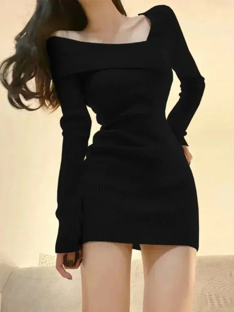 Korean Style Mini Knitted One-piece Dress Women Coquette Sexy Long Sleeve Tunic Cabaret Dresses Khaki Winter Clothes