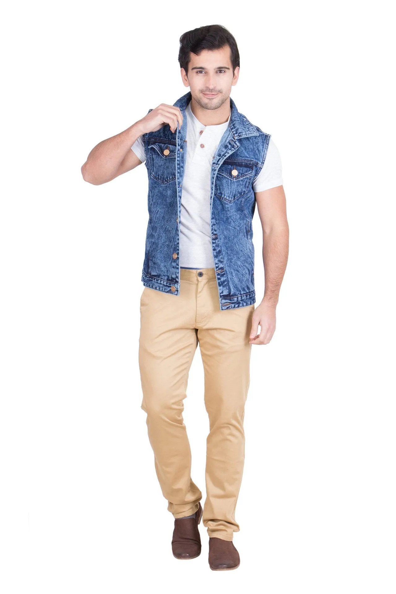 Krossstitch Sleeveless Blue Cloud Wash Men's Denim Jacket with Brass Button