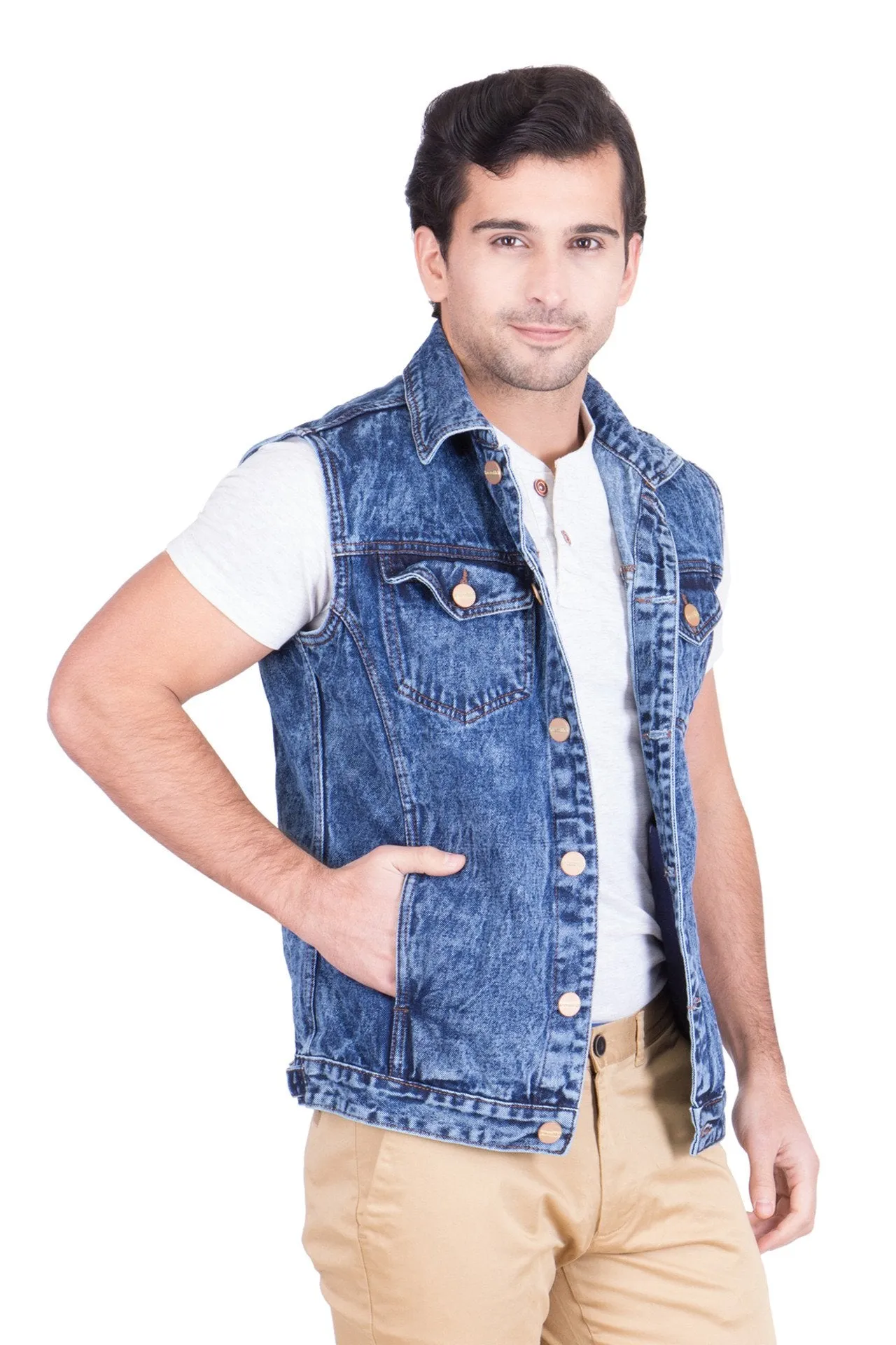 Krossstitch Sleeveless Blue Cloud Wash Men's Denim Jacket with Brass Button