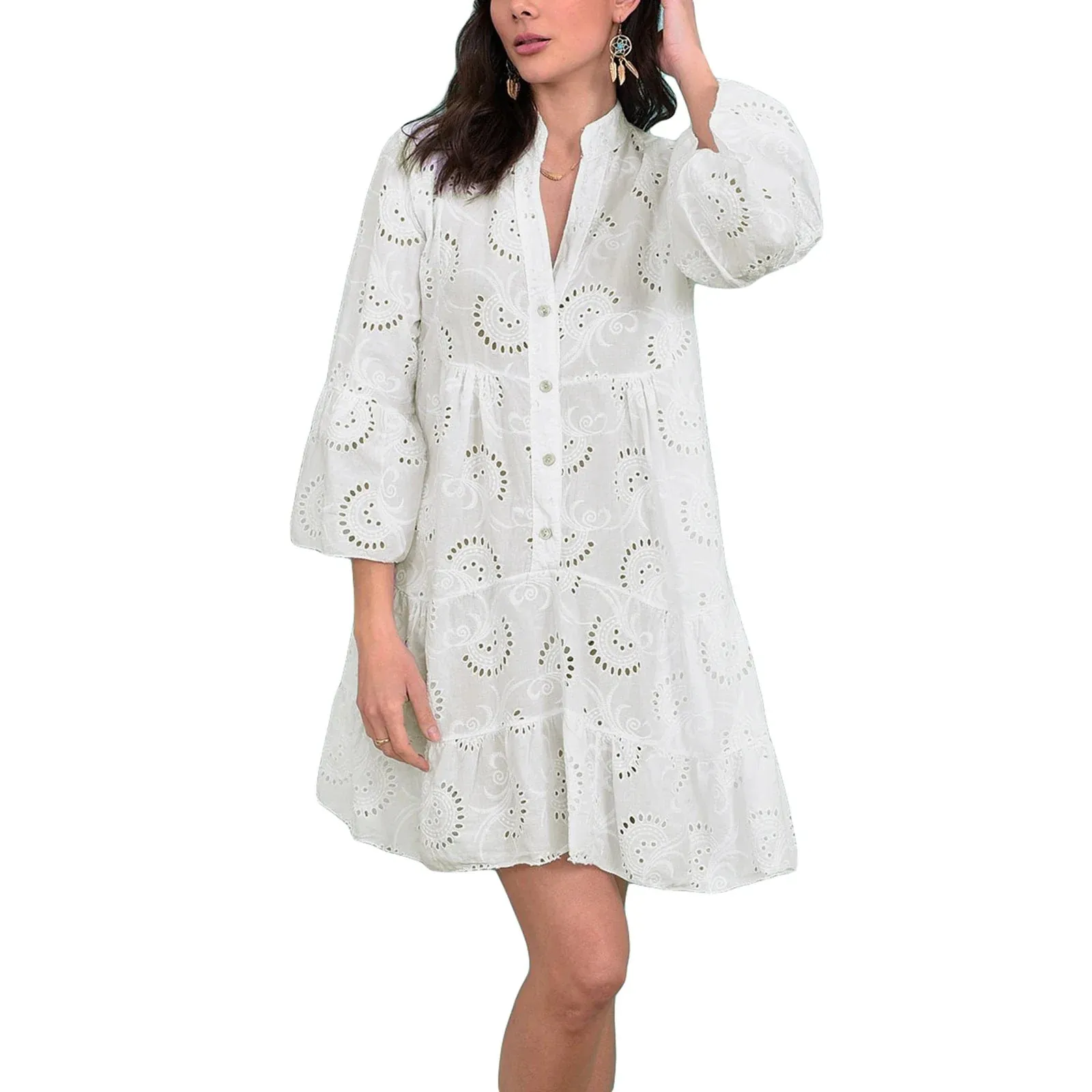 Lace Tunic Shirt Dress Eyelet Hollow Out Long Sleeve Front Button V-Neck Loose Midi Casual Embroidery Dress