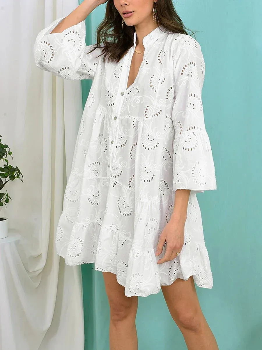 Lace Tunic Shirt Dress Eyelet Hollow Out Long Sleeve Front Button V-Neck Loose Midi Casual Embroidery Dress