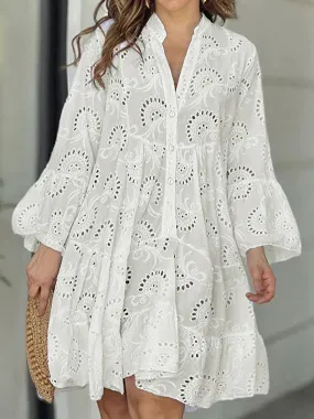 Lace Tunic Shirt Dress Eyelet Hollow Out Long Sleeve Front Button V-Neck Loose Midi Casual Embroidery Dress