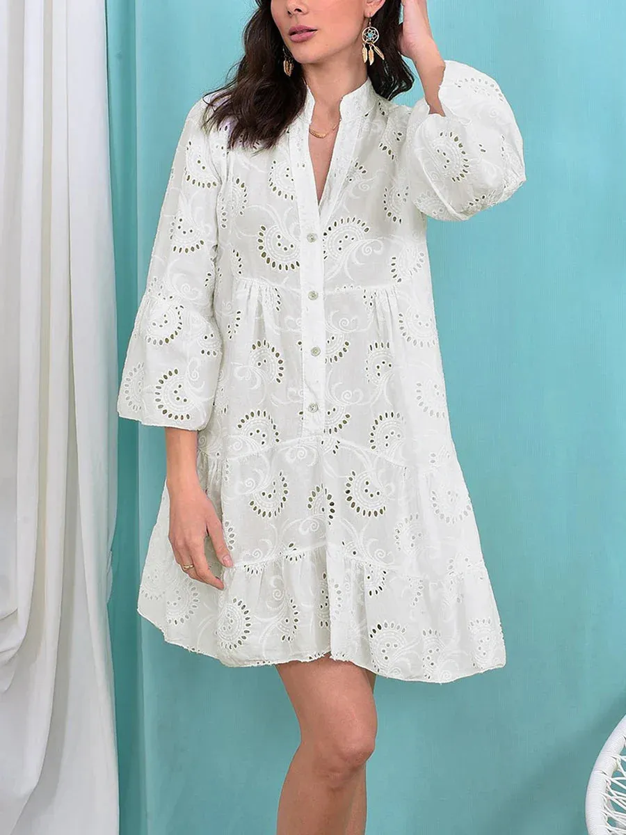 Lace Tunic Shirt Dress Eyelet Hollow Out Long Sleeve Front Button V-Neck Loose Midi Casual Embroidery Dress