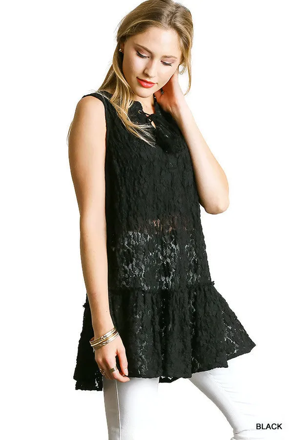 Lace Up Sleeveless Lace Tunic, Black