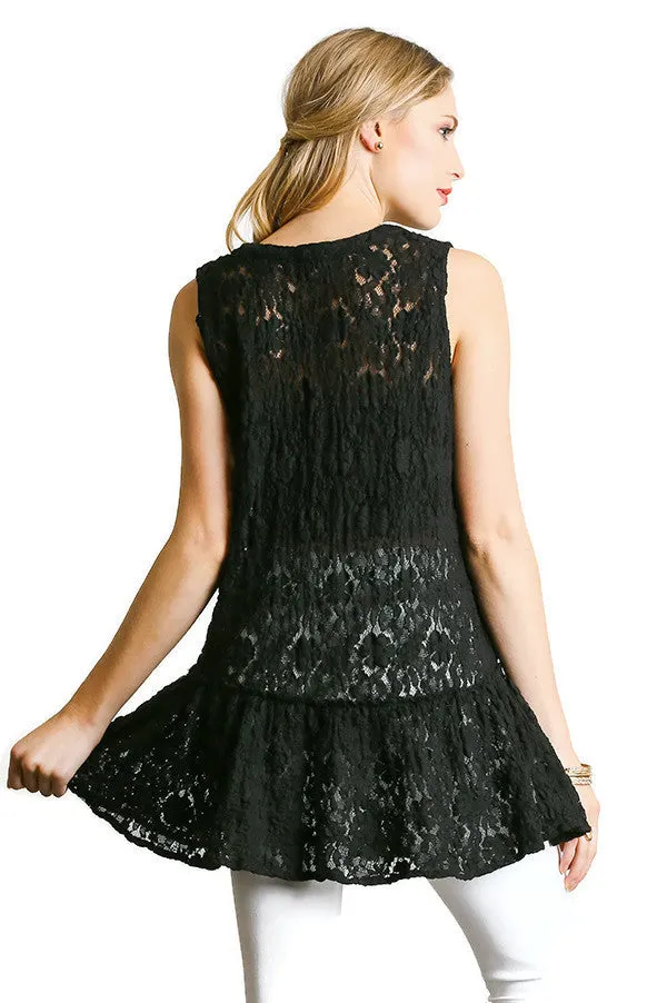 Lace Up Sleeveless Lace Tunic, Black