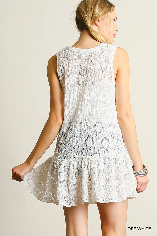 Lace Up Sleeveless Lace Tunic,  White