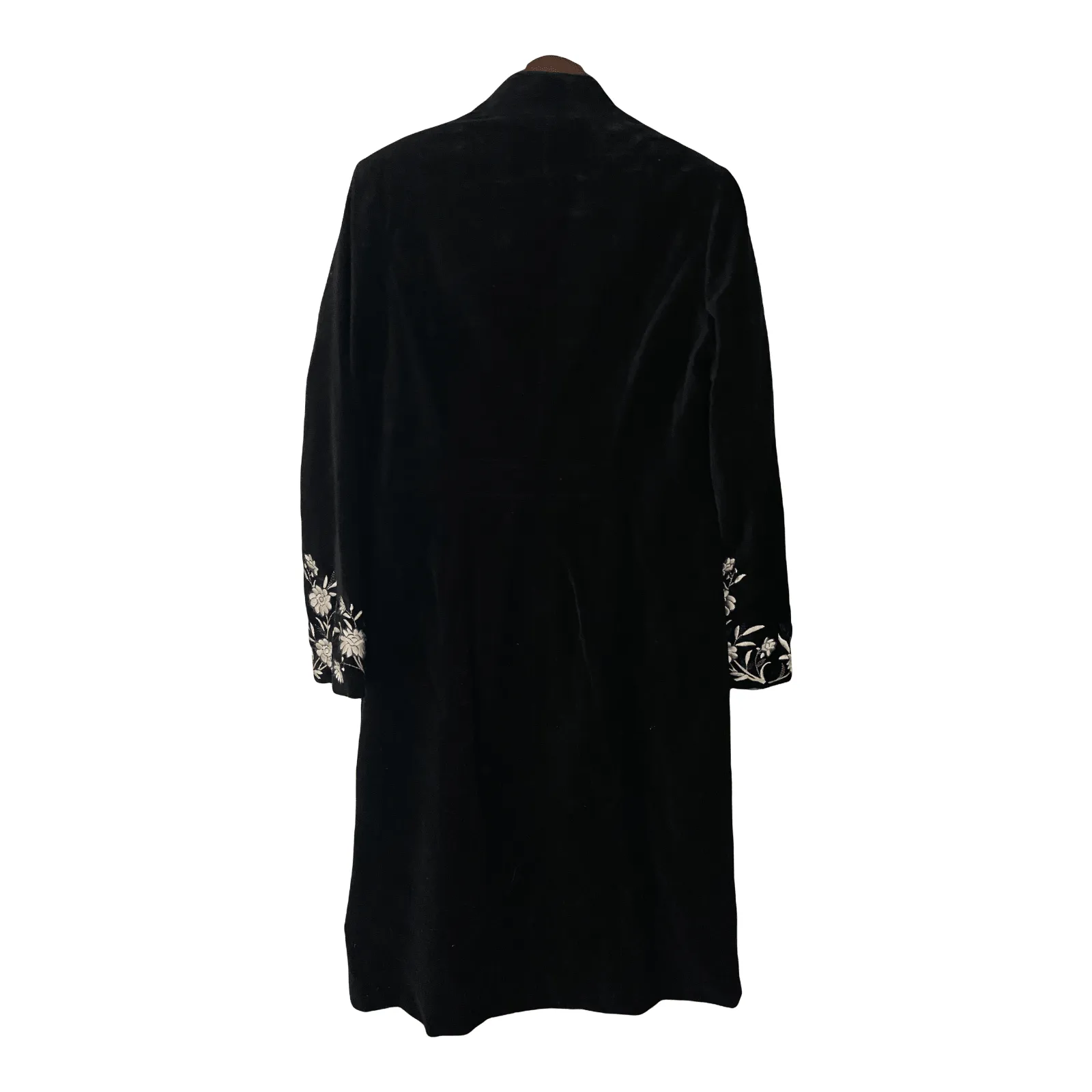 Laura Ashley Full Length Black Velvet Coat with Embroidered Flowers UK Size 12