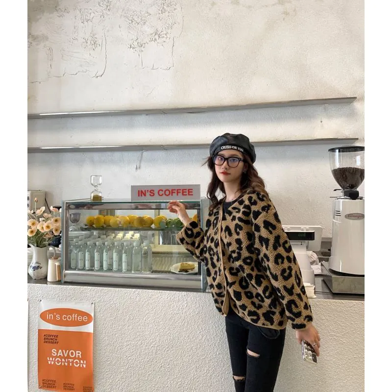 Leopard Print Fur-Trimmed Woolen Fleece Jacket