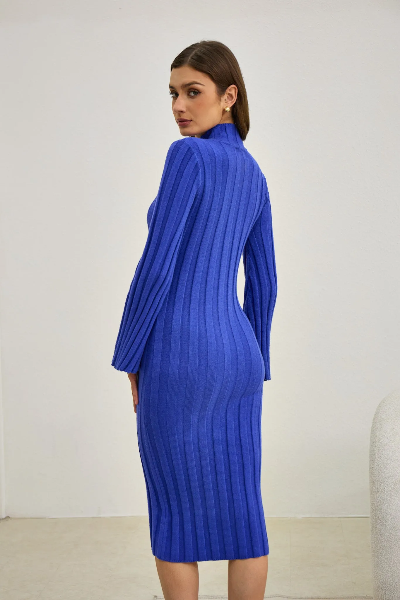 Lexi Blue Flute Sleeve Knit Midi Dress