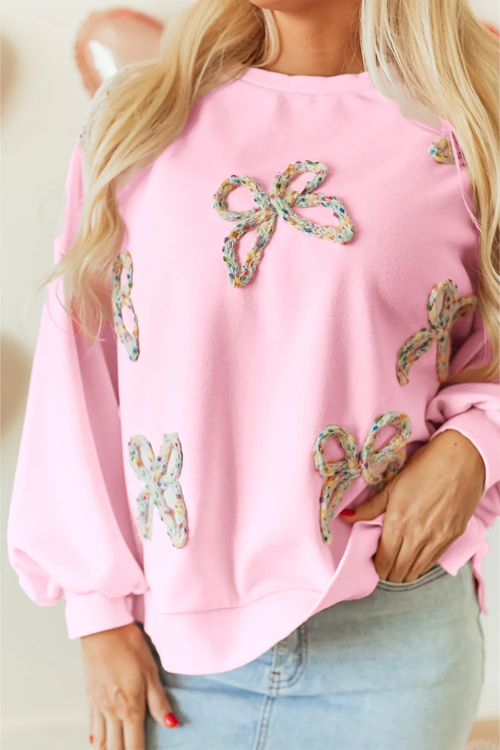 Light Pink Embroidered Bow Lantern Sleeve Oversized Pullover Sweatshirt