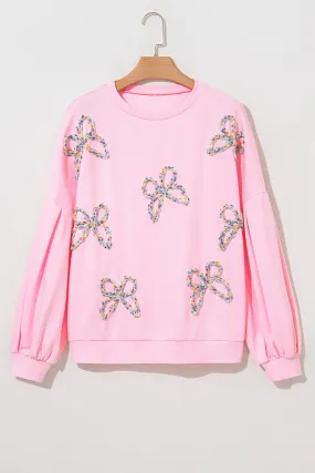 Light Pink Embroidered Bow Lantern Sleeve Oversized Pullover Sweatshirt