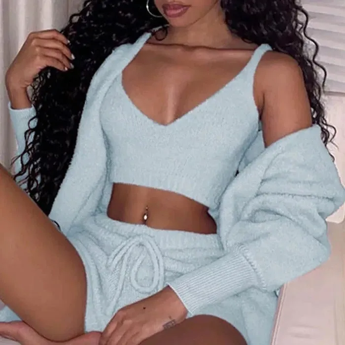 Long Sleeve Crop Tank Top And Drawstring Shorts Pajama Set