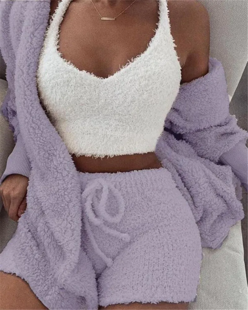 Long Sleeve Crop Tank Top And Drawstring Shorts Pajama Set