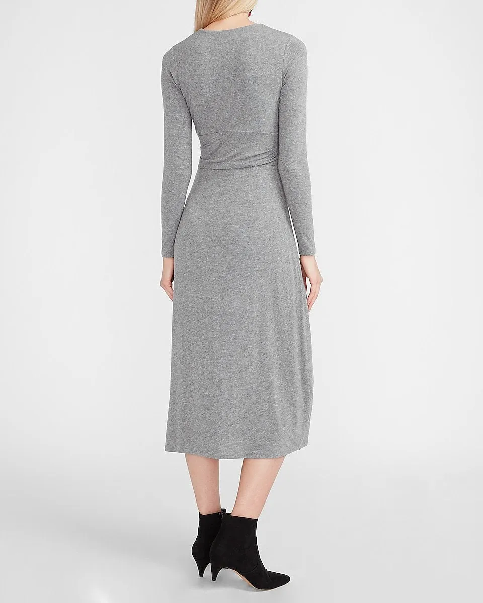 Long Sleeve Cross Front Knit Midi Dress in Heather Gray