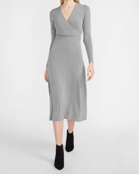 Long Sleeve Cross Front Knit Midi Dress in Heather Gray