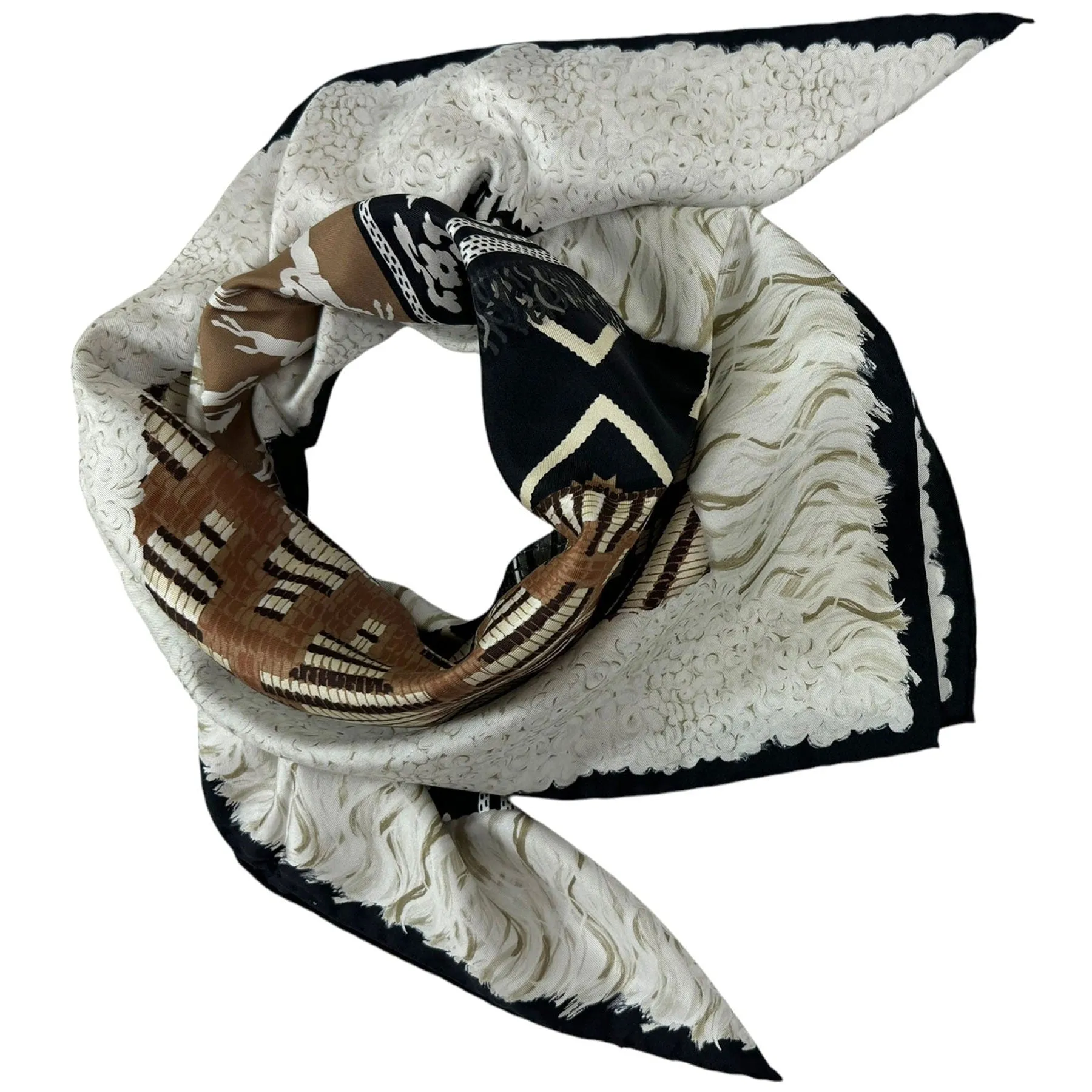 Longchamp Silk Scarf Black White Brown Multi Design - Square Foulard