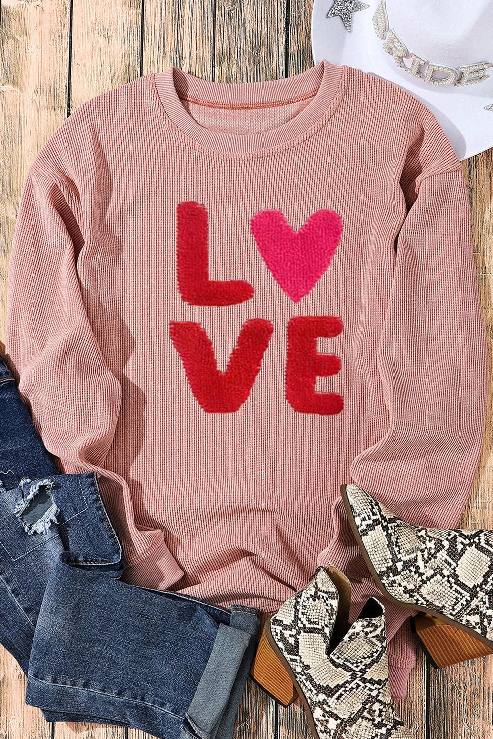 Love Sweatshirt Women Valentine's Day Embroidered Long Sleeve Corded Tops