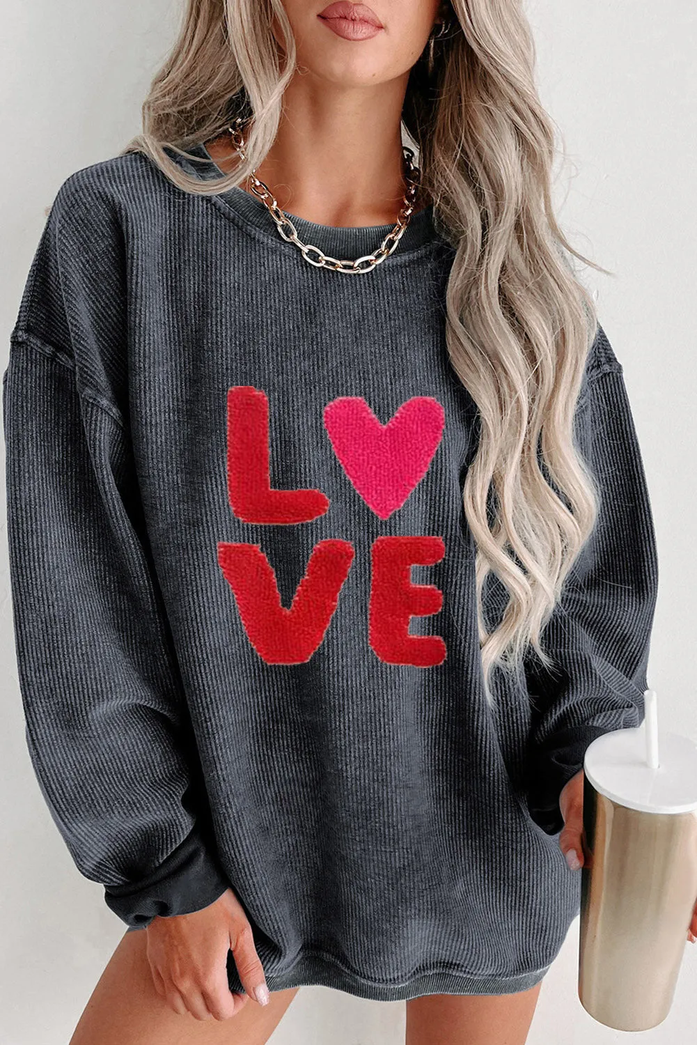 Love Sweatshirt Women Valentine's Day Embroidered Long Sleeve Corded Tops